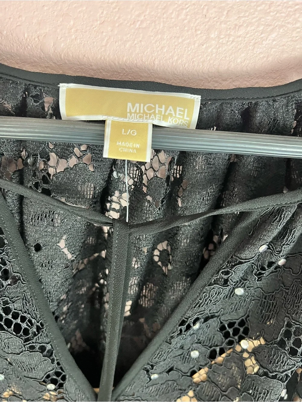 Michael Kors Studded Corded Floral Lace V-Neck Dress Black